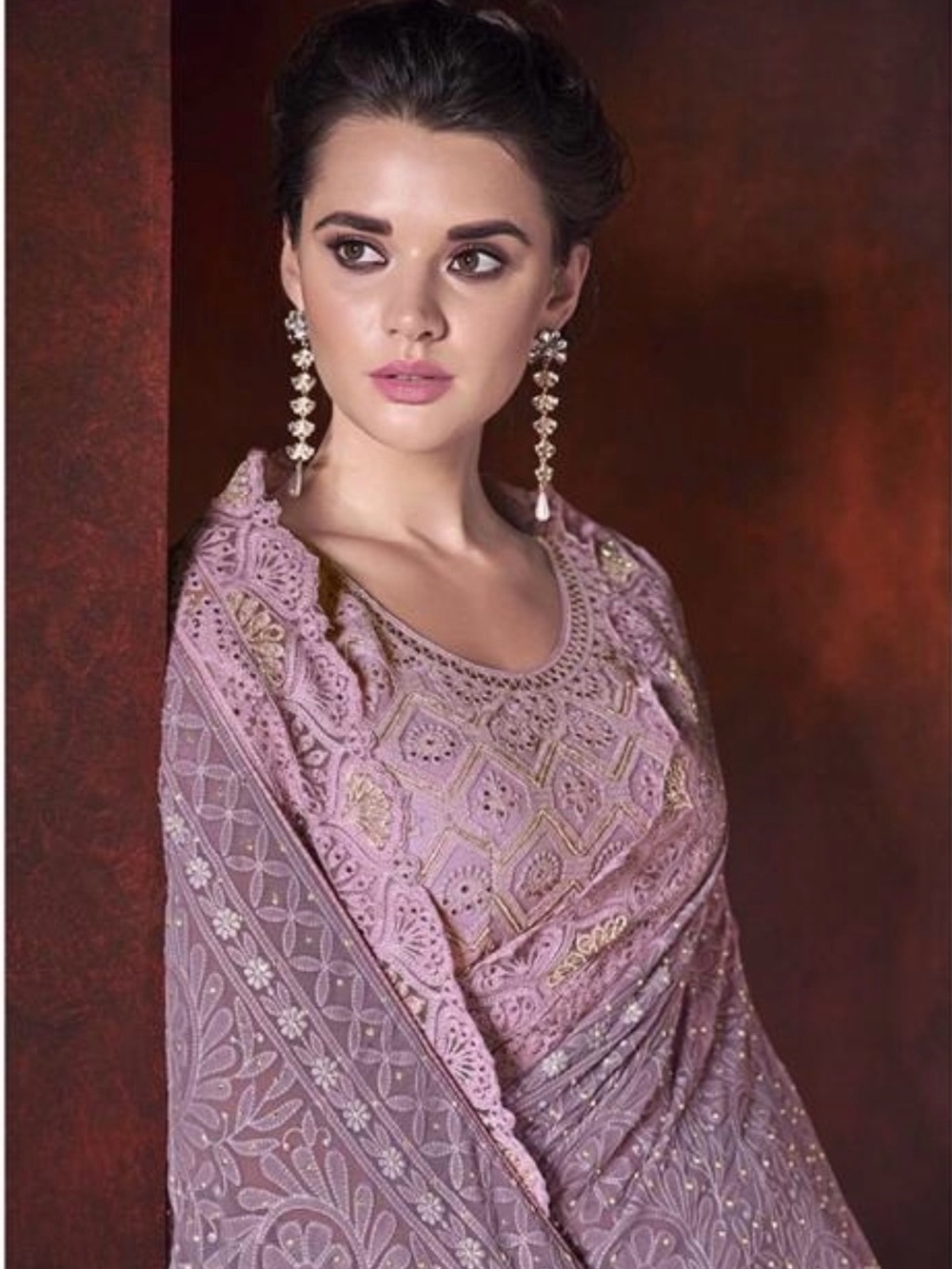 Elegant Pink / Chiffon Lace Saree for special occasions